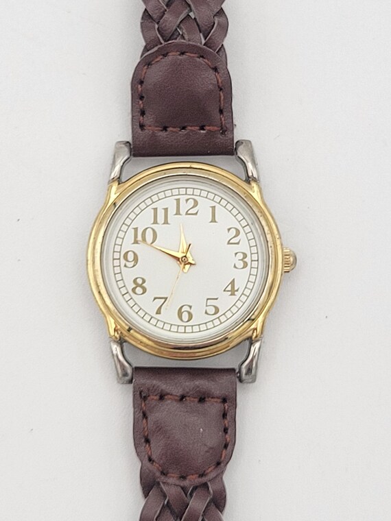 Vintage Ladies Two Tone Watch with Brown Faux Braided Leather Band Women's Costume Jewelry Retro Ladies Accessories Statement 26mm Minimal