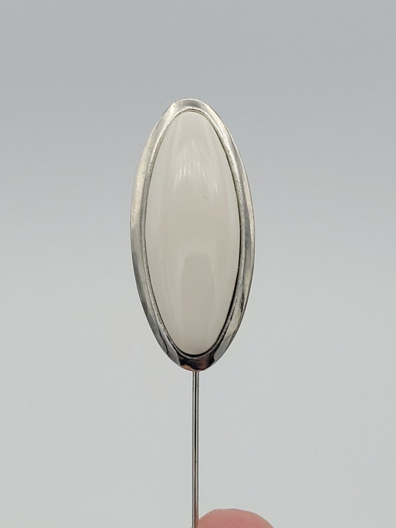 Vintage 1960s Silver Tone Stick Pin with White Oval Cabochon Costume Jewelry Retro Statement Women Straight Hat Brooch Shiny Chrome Long