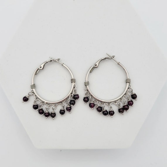 Vintage Silver Tone Bohemian Style Hoop Earrings with Burgundy Beaded Accents Costume Jewelry Retro Women Red Purple Beads Dangles Hippie