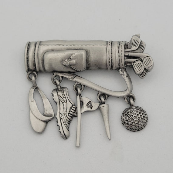 Vintage JJ Jonette Pewter Golf Bag Bar Brooch with Golfing Dangles Costume Jewelry Retro Women Accessories Lapel Pin Visor Flag Tee Ball
