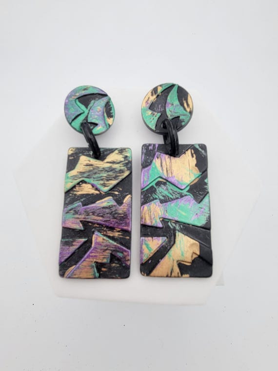 Vintage Oversize Black Plastic Geometric Dangle Earrings with Green, Purple & Gold Enamel Costume Jewelry Retro Women Statement 3 3/4"