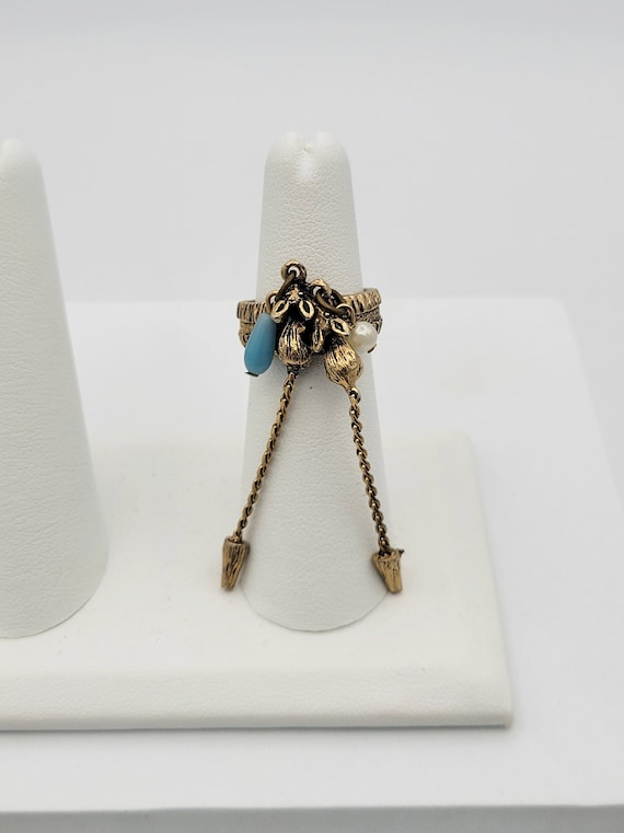 Vintage Gold Tone Beaded & Chain Cuff Cocktail Ring Statement Right Hand Ring Costume Jewelry US 5 1/4 Adjustable Knuckle Dangle Textured