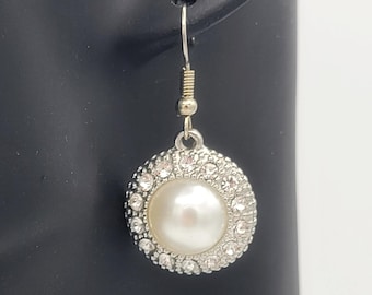 Vintage Silver Tone Circular Rhinestone Encrusted Dangle Earrings with White Faux Pearl Cabochons Costume Jewelry Women Statement Crystal