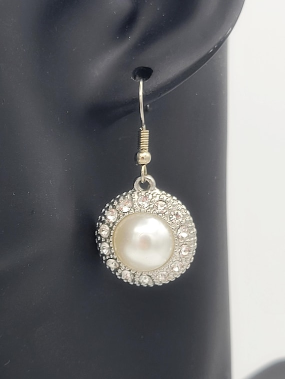 Vintage Silver Tone Circular Rhinestone Encrusted Dangle Earrings with White Faux Pearl Cabochons Costume Jewelry Women Statement Crystal