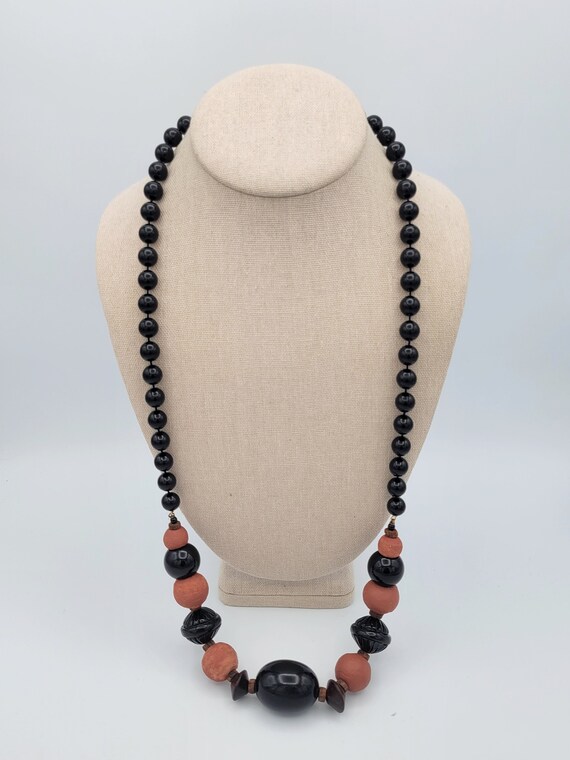 Vintage Black & Wooden Beaded Necklace Costume Jewelry Retro Statement Chunky 31" Sphere Ball Round Orange Brown Oval Bicone Oversize Large