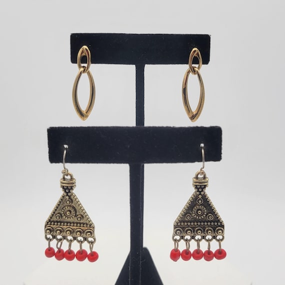 Two Pairs of Vintage Gold Tone Dangle Earrings Costume Jewelry Retro Women Statement Accent Red Beads Link Oval Triangle Southwestern Style