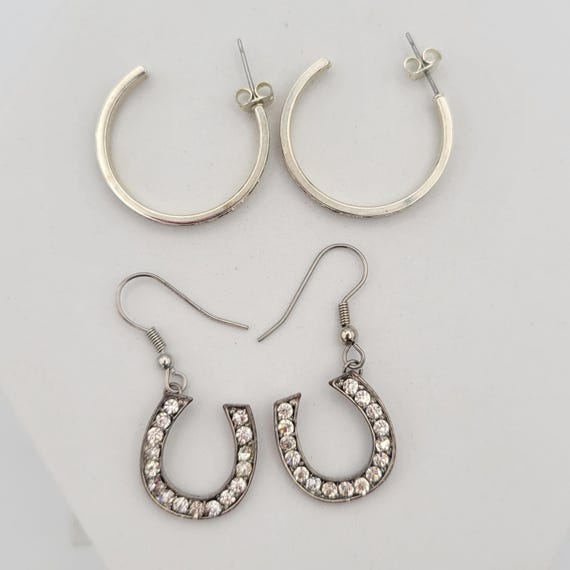 Two Pairs of Vintage Silver Tone & Rhinestone Earrings Horseshoe Dangles and Hoops Costume Jewelry Retro Women Statement Clear Black Crystal