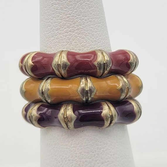 Set of 3 Vintage Gold Tone & Enamel Stackable Rings Bands Costume Jewelry Retro Statement 360 Degree Design US Size 7