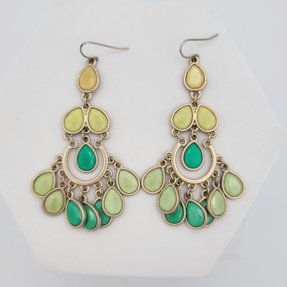 Vintage Premier Designs Minty Fresh Antique Gold Tone Bohemian Dangle Earrings with Green Stones Costume Jewelry Women Statement 3 1/4"