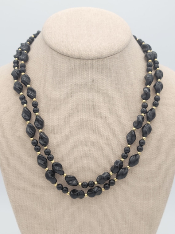 Vintage 1980s Trifari Two Strand Black Twisted Bead Necklace Costume Jewelry Retro Statement Gold Tone Glossy Collar Strands Crown Curved