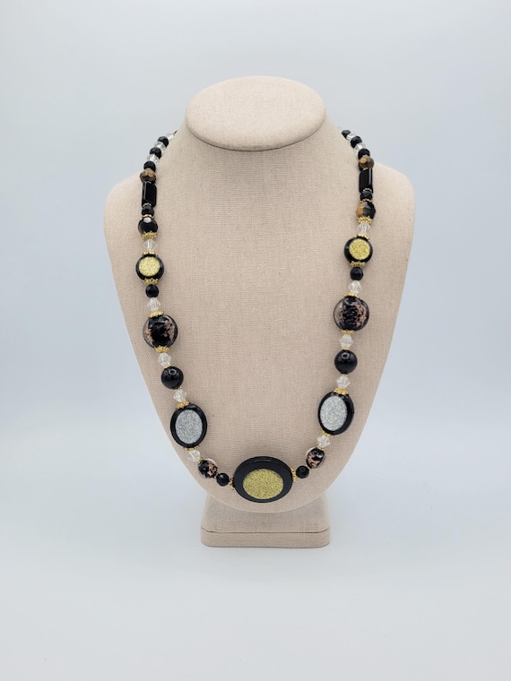 Vintage Single Strand Black, Copper, Silver Glitter & Gold Glitter Plastic Beaded Necklace Costume Jewelry Retro Statement Chunky Bronze