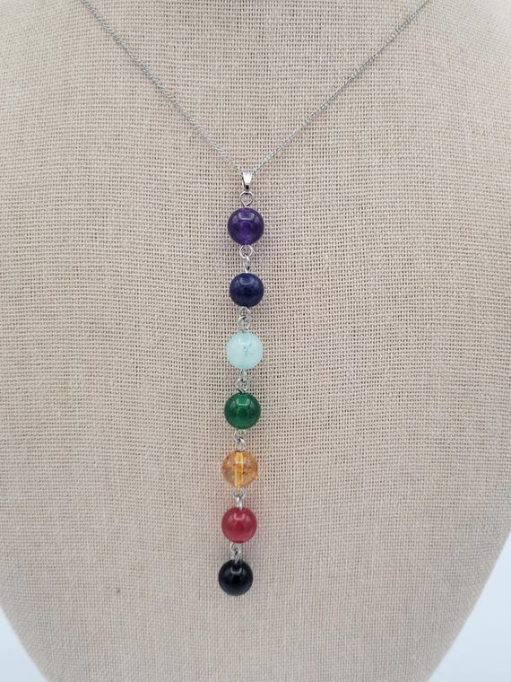 Vintage Stainless Steel Cable Chain Necklace with Rainbow Beaded Pendant Costume Jewelry Ladies Women Retro Statement Accessories Pride