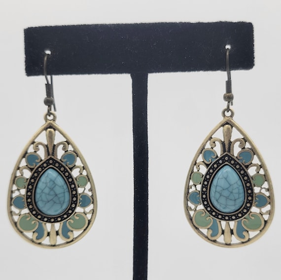 Vintage Antiqued Gold Tone Openwork Teardrop Dangle Earrings with Faux Turquoise & Blue Green Enamel Costume Jewelry Retro Women Statement