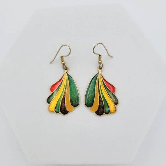 Vintage Gold Tone Teardrop Shaped Rainbow Dangle Earrings Costume Jewelry Women Statement Retro Feathers Fan Green Red Blue Purple Yellow
