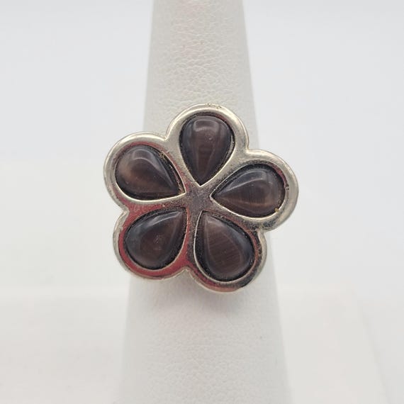 Vintage Oversize Silver Wide Floral Women's Statement Right Hand Ring with Brown Faux Tiger's Eye Cabochons Costume Jewelry Cocktail US6 1/2