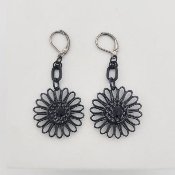 Vintage Silver Tone & Black Enamel Openwork Floral Lever Back Dangle Earrings Costume Jewelry Retro Women Statement Flower Petals Rhinestone