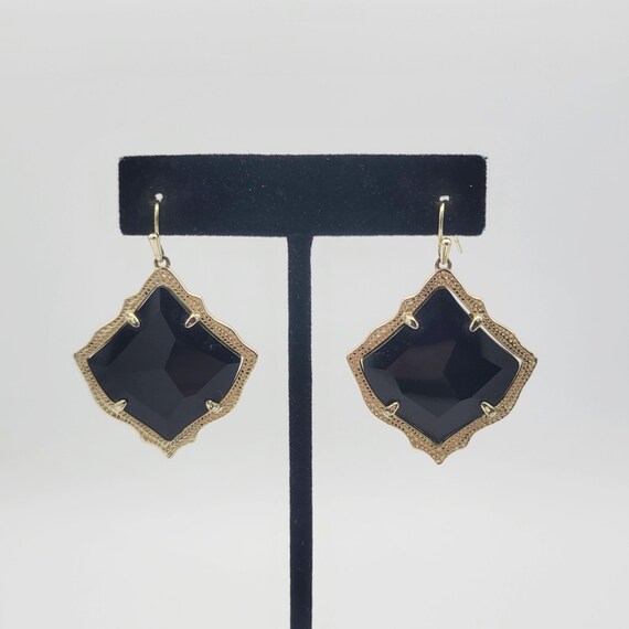 Vintage Gold Tone Diamond-Shaped Dangle Earrings with Faceted Black Rhinestones Costume Jewelry Women Statement Retro 2" Drop Elegant Wavy
