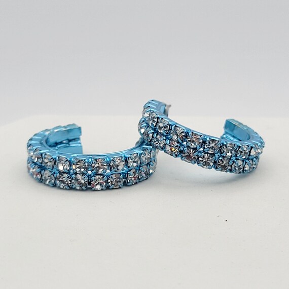 Vintage Blue Metal Rhinestone Encrusted Hoop Earrings Costume Jewelry Retro Women 1" Diameter Shiny Metallic 2 Rows Faceted Crystals