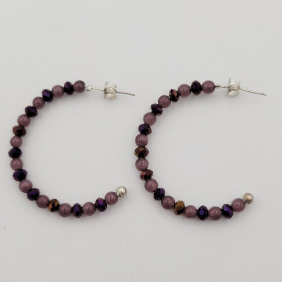 Vintage Purple Beaded Hoop Drop Earrings Costume Jewelry Retro Statement Women Loop Hoops Faux Amethyst Faceted Faux Tiger's Eye Lightweight