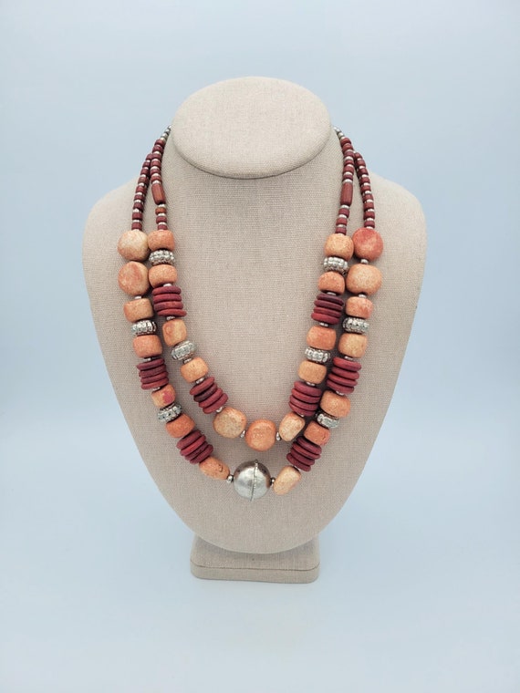 Vintage Two Strand Silver Tone, Red & Peach Beaded Bib Necklace  Costume Jewelry Retro Statement Chunky Sphere Ball Round Plastic Wood