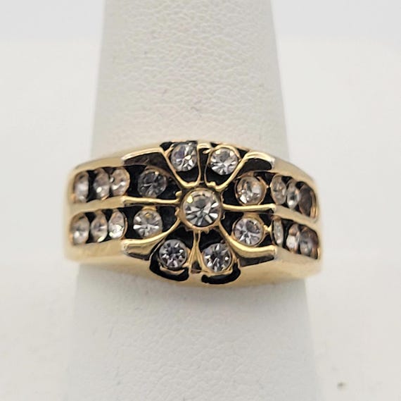 Vintage NEW 1970s Gold Tone with Black Enamel Accent & Round Cubic Zirconia Men's Statement Ring Right Hand Ring Costume Jewelry US 10 Band