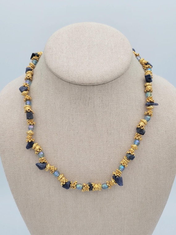 Vintage Gold Tone & Blue Beaded Textured Necklace with Toggle Clasp Costume Jewelry Statement Retro 1 Single Strand Faux Mineral Shiny