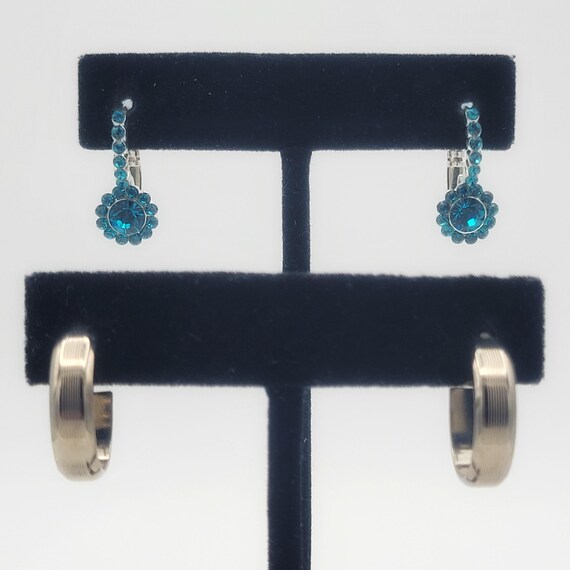 2 Pair of Vintage Silver Tone Earrings Thick Hoops & Aqua Blue Rhinestone Drop Costume Jewelry Retro Women Statement Elegant Sparkle Chrome