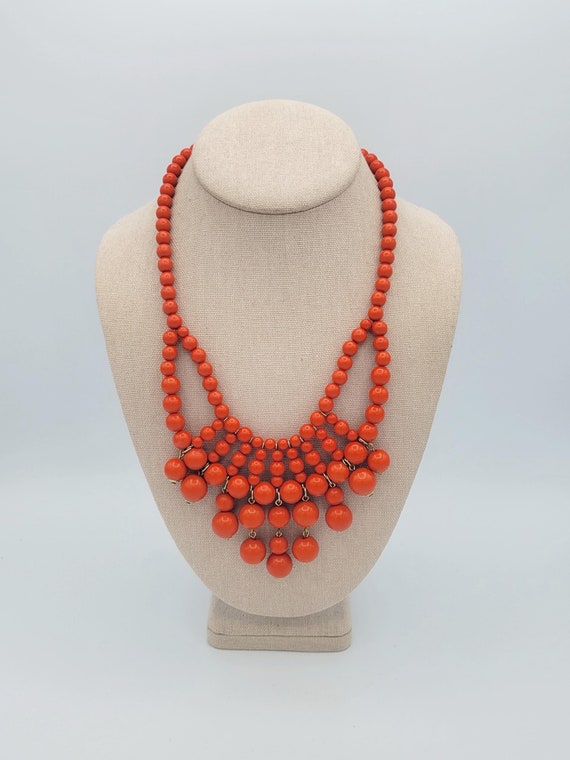 Vintage Orange Beaded Bib Necklace Costume Jewelry Retro Statement Chunky Sphere Ball Round Gold Tone Clasp Collar Choker Gradient