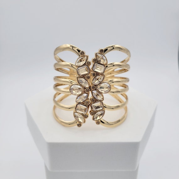 Vintage Gold Tone Openwork Linear Pattern Clamper Bangle Bracelet with Rhinestones Costume Jewelry Retro Hinged Thick Chunky Wide Cuff