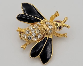 Vintage Gold Tone Bee Whimsical Bee Brooch with Rhinestones & Enamel Costume Jewelry Retro Statement Women Pin Figural Red Eyes Black Wings