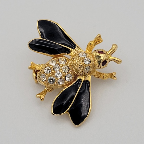 Vintage Gold Tone Bee Whimsical Bee Brooch with Rhinestones & Enamel Costume Jewelry Retro Statement Women Pin Figural Red Eyes Black Wings