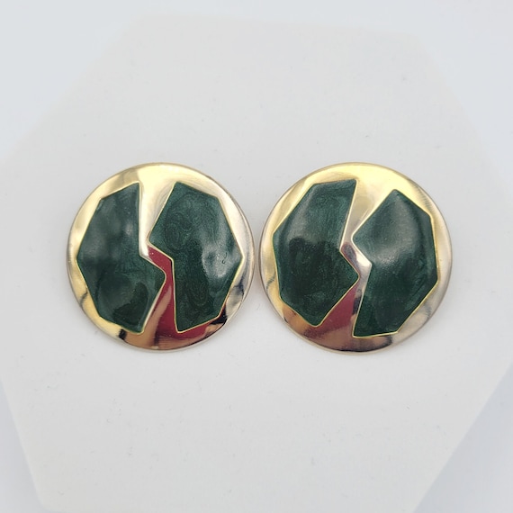 Vintage 1980s Oversize Thin Gold Tone Circular Earrings with Shimmering Green Enamel Costume Jewelry Retro Statement Women Geometric Large