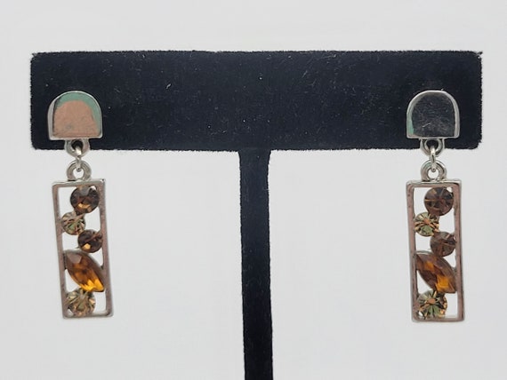 Vintage Silver Tone Openwork Rectangular Dangle Earrings with Orange & Brown Rhinestones Costume Jewelry Retro Women Statement 1 5/16" Small