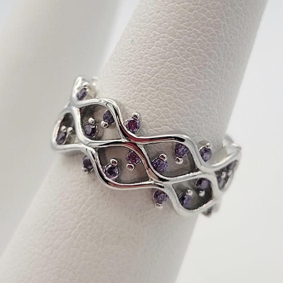 Vintage 925 Silver Openwork Wave Band with Small Purple Rhinestone Accents Women's Statement Right Hand Ring Costume Jewelry Wide Thumb