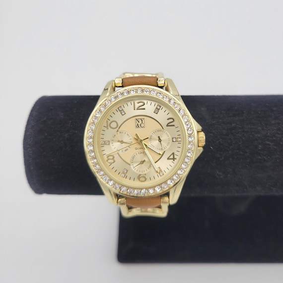 NY&C Gold Tone and Rhinestone Ladies Watch with Tan Faux Leather Band Costume Jewelry Women Statement 44 mm 8 1/4" Crystal Faux Chronographs