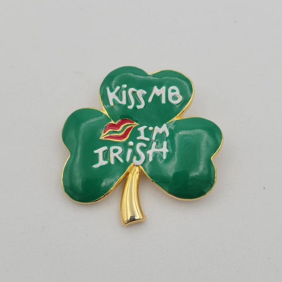 Vintage SFJ Gold Tone Kiss Me I'm Irish Shamrock Brooch Pin St. Patrick's Day Costume Jewelry Statement Luck Green White Red Enamel Lips
