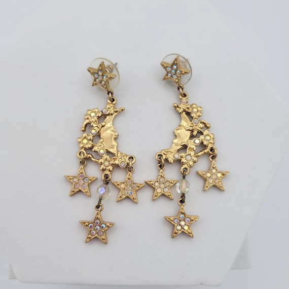 Vintage Kirk's Folly Gold Tone Celestial Chandelier Dangle Earrings Costume Jewelry Retro Women Statement Moon & Stars Iridescent Crystals