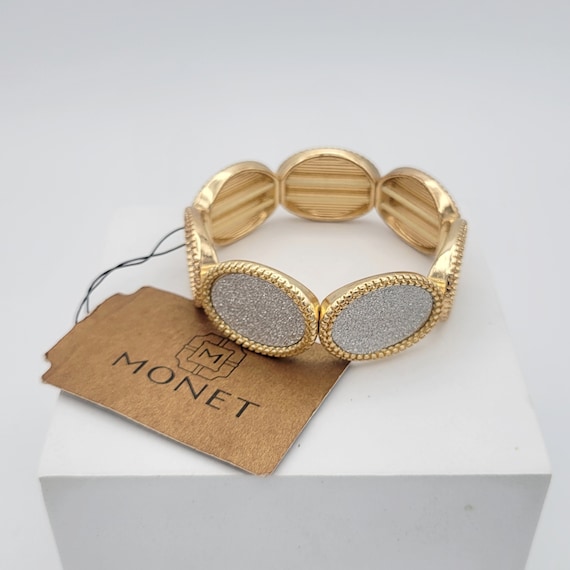 Vintage NEW Monet Gold Tone & Silver Glitter Oval Stretch Bracelet with Tag Costume Jewelry Women Statement Retro Bangle Textured Social