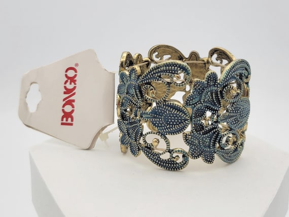 Vintage NWT Bongo Brand Gold Tone & Teal Enamel Openwork Filigree Stretch Cuff Bracelet Costume Jewelry Statement Women Adjustable Bangle
