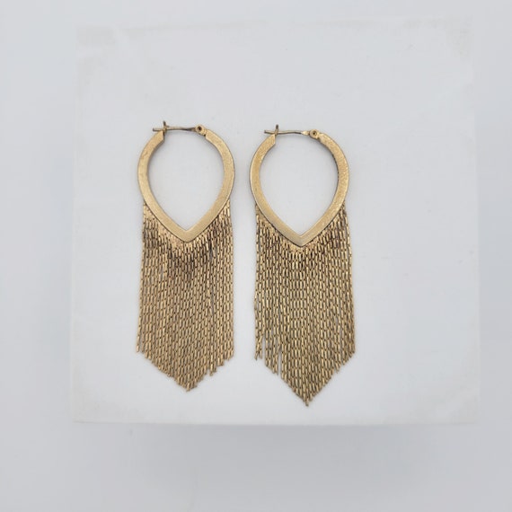 Vintage Matte Gold Tone Teardrop Hoop Earrings with Chain Fringe Costume Jewelry Retro Women Statement 2 7/8" Latch Back Posts Accessories