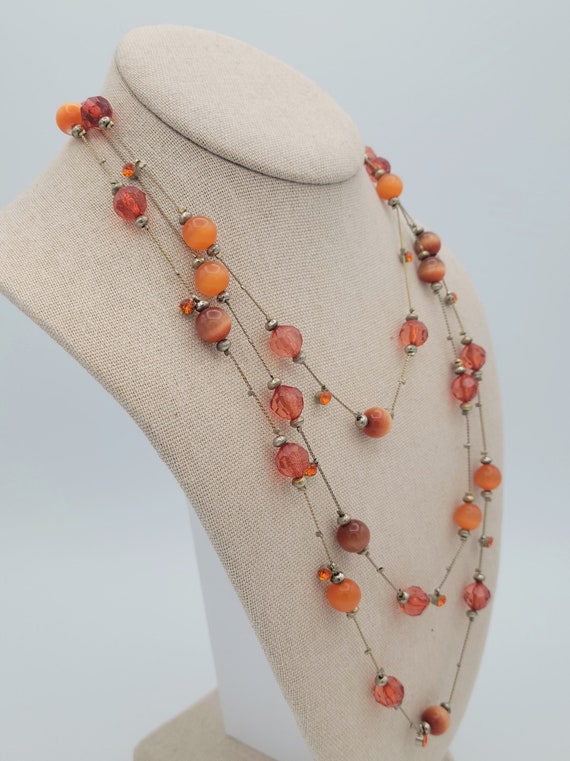 Vintage Gold Tone Long Necklace with Orange Faux … - image 5
