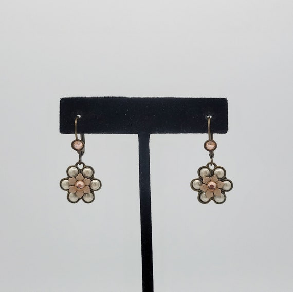 Vintage Antique Gold Tone Floral Lever Back Earrings with Faux Pearls Costume Jewelry Retro Women Statement Orange Rhinestones Dangles Peach