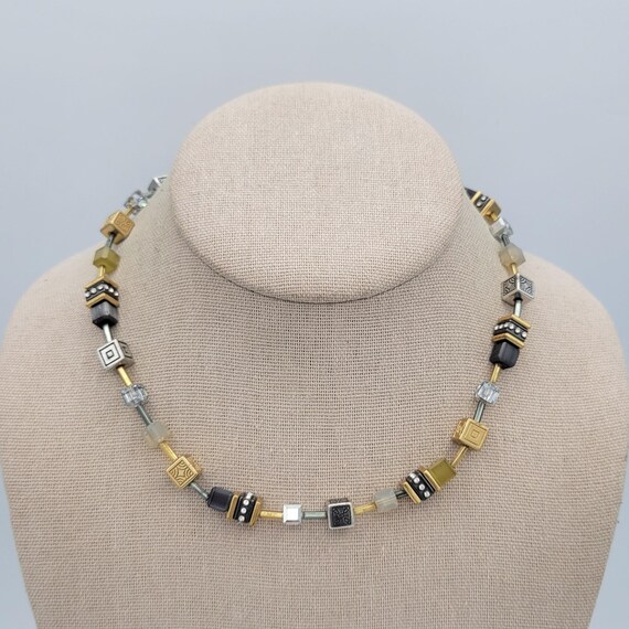 Vintage Brighton Two Tone Silent Code Choker Necklace Costume Jewelry Retro Statement Women Accessories Cube Square Beads Gold & Silver Tone