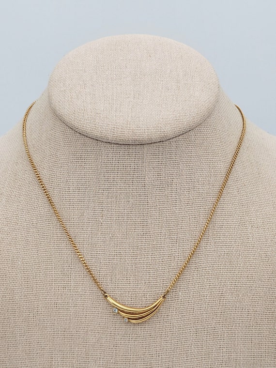 Vintage 1980s Avon Gold Tone Curve & Curb Chain Necklace with Rhinestone Accents Costume Jewelry Retro Statement 16" Swoop Openwork 3 Lines