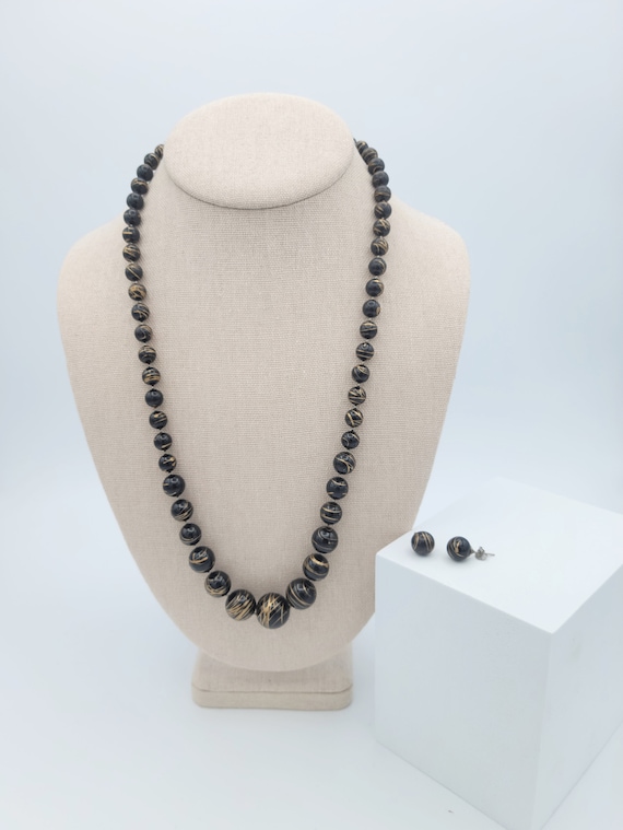 Vintage 1980s Black Beaded Jewelry Set with Gold Tone Enamel Accents Necklace & Stud Earrings Costume Jewelry Retro Statement Beads Splatter