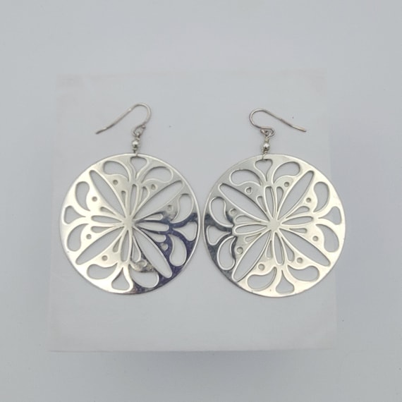 Vintage Oversize Silver Tone Openwork Medallion Circular Dangle Earrings with Chrome Finish Costume Jewelry Retro Women Statement 2 5/8"