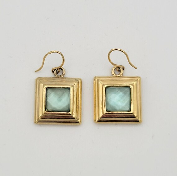 Vintage Gold Tone Square Beveled Edge Dangle Earrings with Pale Green Stones Costume Jewelry Retro Women Small Minimal Frame Faceted Pastel