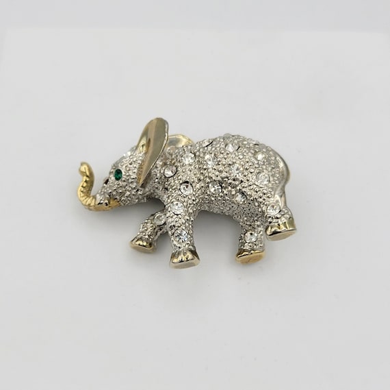 Vintage Chunky 3D Two Tone Rhinestone Encrusted Elephant Brooch Costume Jewelry Retro Statement Women Pin Silver & Gold Tone Clear Green Eye