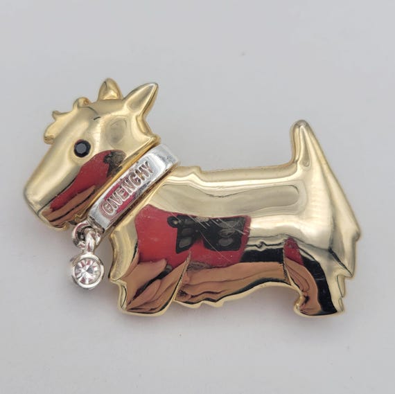 Vintage Givenchy Two Tone Scottie Dog Figural Brooch with Dangling Stone on Collar Pin Costume Jewelry Retro Women Statement Terrier