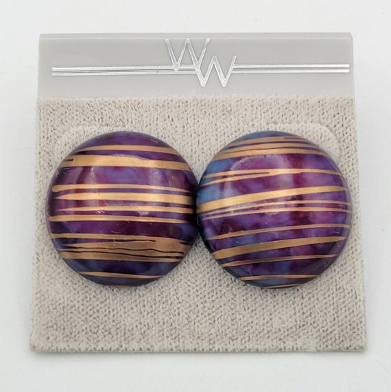 Vintage 1980s NEW Worthington Women Purple & Gold Tone Button Stud Earrings Retro Women Accessories Statement Costume Jewelry On Card 1"
